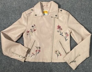 C&C California Jacket Girls 10 Leather Floral Long Sleeve Zipper Pink Pockets - Picture 1 of 11