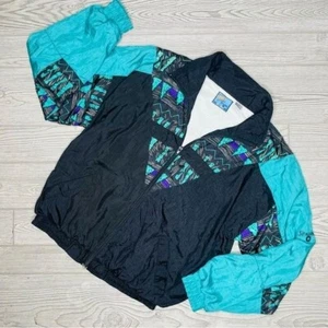 Spalding Vintage Windbreaker 90s Blue Abstract full zip long sleeve Jacket med - Picture 1 of 4