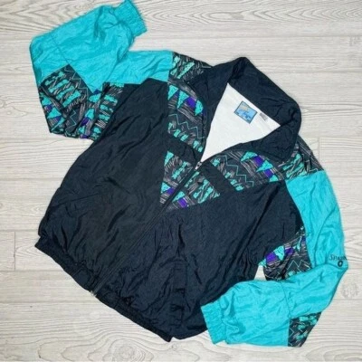 Spalding Vintage Windbreaker 90s Blue Abstract full zip long sleeve Jacket med - Image 1 of 4