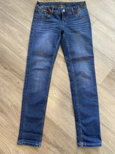 Desigual Embroidered Skinny Exotic Dark Wash Jeans Flowers Pockets Art Boho 30 - Picture 1 of 16