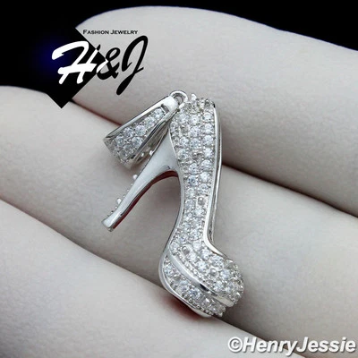 WOMEN SOLID 925 STERLING SILVER ICY BLING CZ 3D HIGH HEEL SHOE PENDANT*SP161 - Image 1 of 4