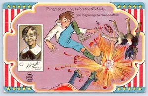 4th Of July Comic Postcard- Firework Explosion, Boy & Dog Thrown Into Air - Picture 1 of 2