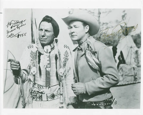 IRON EYES CODY - AUTOGRAPHED INSCRIBED PHOTOGRAPH 1985 CO-SIGNED BY: ROY ROGERS Cover