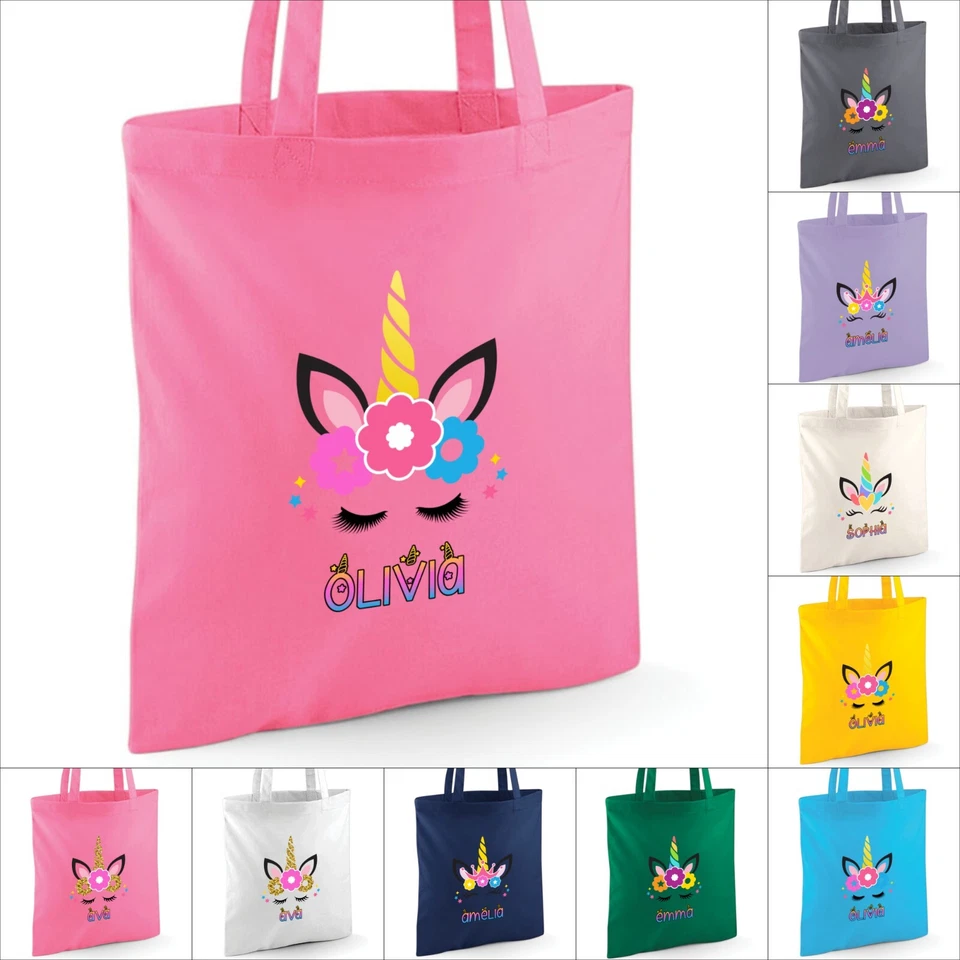 Personalised Unicorn Any Name Tote Bag. Birthday Gift Kids Girls Rainbow School - Image 1 of 1