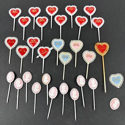 (31) Vintage Valentine Cupcake Cake Toppers Picks Hearts Mother Cameo Pink Red - Image 1 of 4