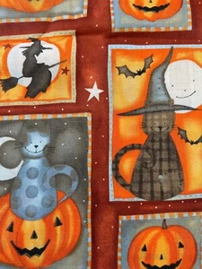 Fabric - VTG Halloween Witch Kitties Pumpkin David Textiles Sold BTY 36" x 43" W - Picture 1 of 5