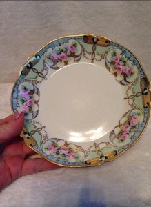 Antique LIMOGES FRANCE W.G.&Co Hand-painted Floral LOW BOWL Pink Green Blue - Picture 1 of 12