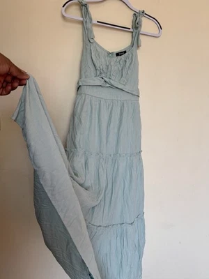 Fit & Flare Flutter Midi Dress Sz L Tiered Western Lined Belted Tie V-Neck Boho - Image 1 of 4