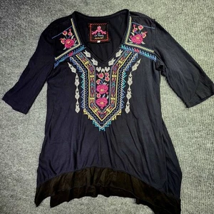 Johnny Was LA Shirt Womens Large Black Embroidered Boho Tunic Floral Festival - Picture 1 of 10