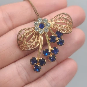 Collana vintage con strass blu fiore 16" - Foto 1 di 10