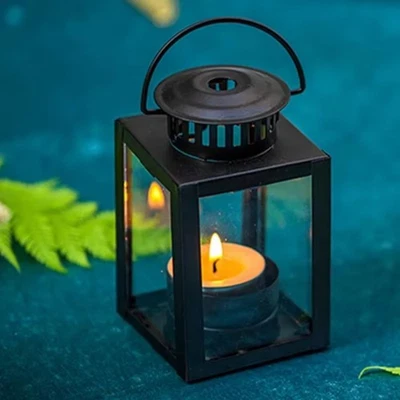 Wrought Iron Iron Wind Lamp Black Outdoor Tea Light Lantern Candle Stand  Garde - Image 1 of 4