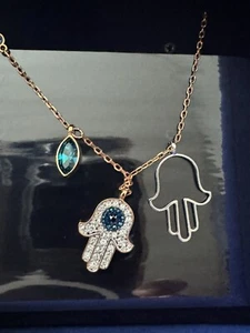 Swarovski Crystal Evil Eye Necklace Pendant Duo Hand Sapphire Gem -Brand New - Picture 1 of 2