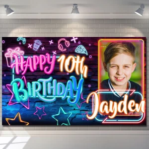 Personalised Birthday Backdrop Banner Photo Neon Colour Boy Girl Party Poster - Picture 1 of 4