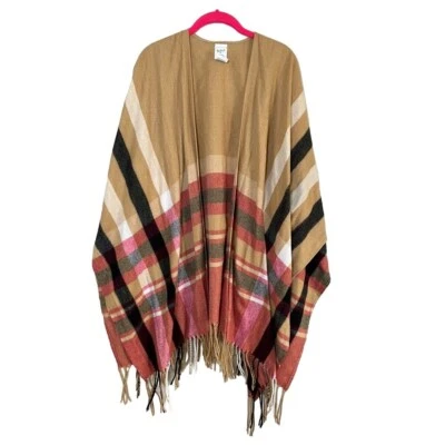 Woolrich Sweater Women OS Tan Open Neck Poncho Red Striped Western Blanket Wrap - Image 1 of 4