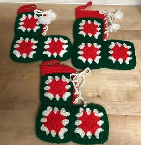 Vtg Crochet Granny Square Christmas Stockings Holiday Decor 3 Pc Set Handmade - Picture 1 of 12