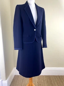 VINTAGE 1980s DESIGN JOBIS COLLECTION deep blue wool skirt suit size 10 - Picture 1 of 10