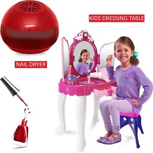 Kids Dressing Table Set with Stool Mirror & Nail Dryer Girls Makeup Vanity Table
