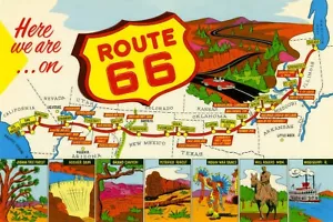 Map Route 66, Points of Interest, Vintage Souvenir Postcard, Route 66 Map - Picture 1 of 2
