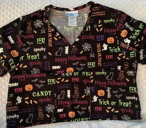 Halloween Scrub Top Black Sz XS Small Eek Spooky Ghost SB Scrubs - Picture 1 of 6