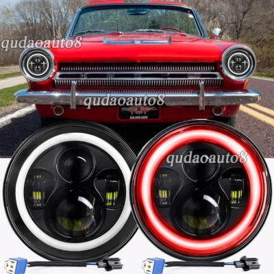 Pair 130W 7" Round Led Headlight Red Halo fit Dodge Dart D100 D200 D300 Pickup - Image 1 of 4