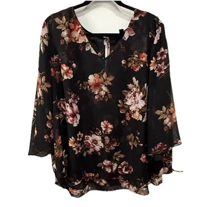 Blusa para mujer Roz & Ali 3X floral oscura transparente mangas 3/4 espalda dividida fluida - Imagen 1 de 9