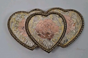 W U.S.A. Triple Heart Cast Metal Belt Buckle With A Rose On Center - Picture 1 of 4