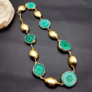 Green Agate Slice Beads Coin Brushed Choker Necklace Handmade Jewelry - Picture 1 of 5