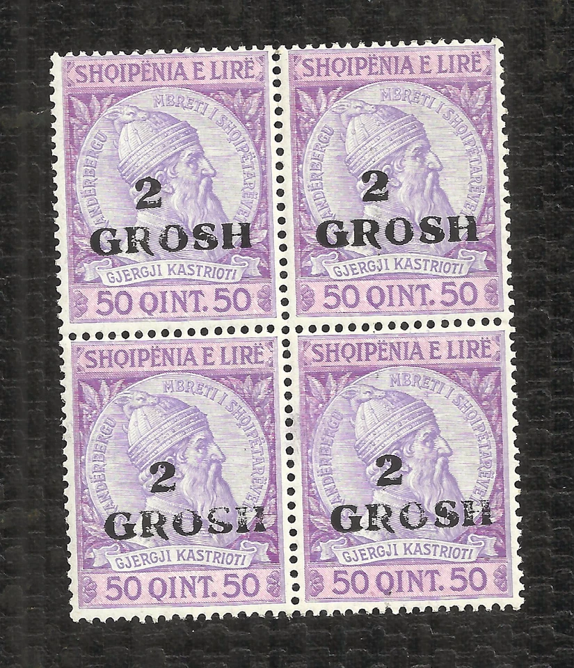 ALBÂNIA - 1914 GEORGE CASTRIOT (SKANDERBEG) - 50 Q COM SOBREIMPRESSÃO - SEM MARCA DE CHARNEIRA BLOCO DE 4 - Imagem 1 de 1