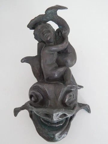 Rare large antique Victorian Mythical Fish with Putto cast Bronze Door Knocker Cover