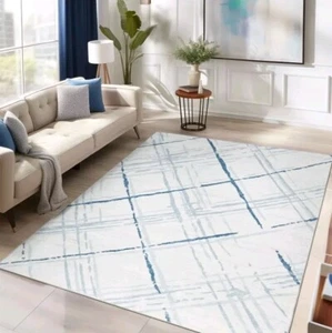 Jinchan Geo Blue Area Rug 5x7 Modern Washable Rug Abstract Rug Geometric Grid - Picture 1 of 8