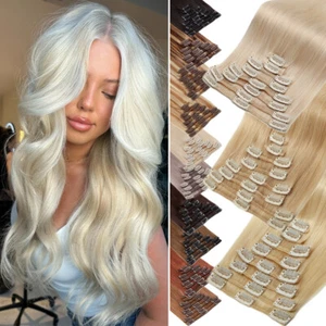 UK CLEARANCE Clip In Human Hair Extensions Russian Remy Remy Hair Full Head 8PCS - Picture 1 of 42
