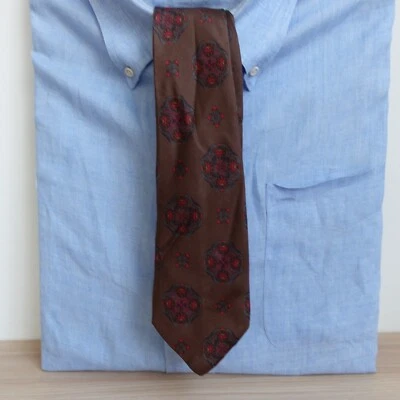 Foulard Tie Mens Brown Coffee Floral Medallion Woven Silk Statement Retro ITALY — 第 1/4 张图片