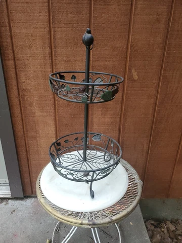 Antique Ornate Wrought Iron Planter Two Tier Flowers Leaves Cover