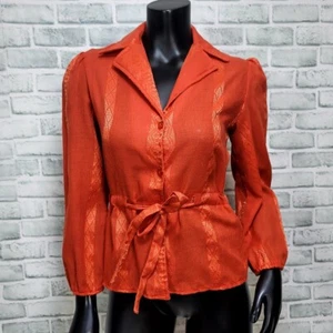 Vintage 70s Caseys Place Womens S Orange Linen Popover Button Front Top Blouse - Picture 1 of 8