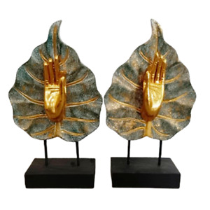 14" x 8" Home Decor Set of 2 Woodcarving Blessing Buddha Hand In Bodhi Leaf DHL