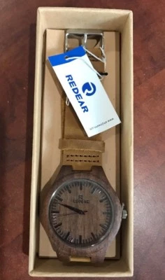 REDEAR 休闲男式手工皮革表带木制手表  — 第 1/4 张图片