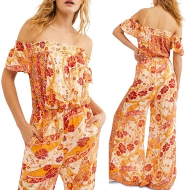 Mono Boho Free People Carmen Naranja Fuera del Hombro Paisley Talla Pequeña Foto 1 de 4