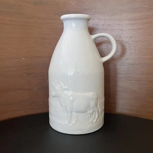 Vtg Pottery Barn White Ceramic Milk Jug Bottle Embossed Cow Rustic Farmhouse - Picture 1 of 16