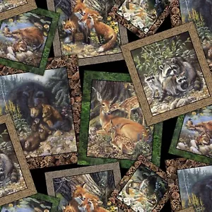 Woodland Families Animals Frames Black 100% Cotton Fabric by 1/2 of a Yard - Picture 1 of 1