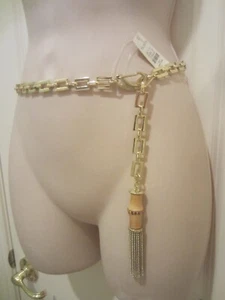 TALBOTS NWT Gold Tone Rectangle Chain Link Metal Belt with Bamboo Tassel - Picture 1 of 4