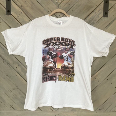 Vintage 2002 Tom Brady Patriots & Kurt Wagner Rams Super Bowl XXXVI T-Shirt, XL Cover