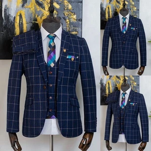 Plaid Check Men Suits Tailoring Single Breasted Slim Fit Notch Lapel Tuxedos - Picture 1 of 12