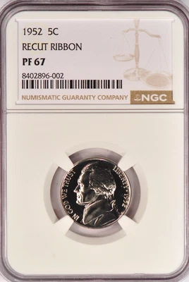 1952 RECUT RIBBON Jefferson Nickel Proof NGC PF 67 PR67 Variety Coin 5C - Image 1 of 2