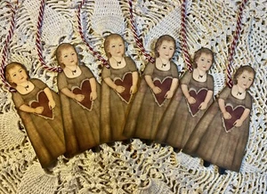 Valentine's Primitive Girl Linen Cardstock Hang Tags Set Of Six ( 6 ) - Picture 1 of 4