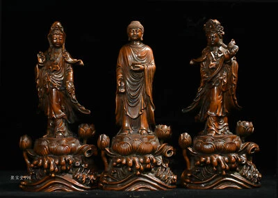 Conjunto de 3 estátuas de Buda Sakyamuni GuanYin esculpidas em madeira budismo tibetano antigo 8" - Imagem 1 de 4