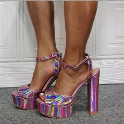 Zapatos finos de mujer con correa de hebilla de cuero sintético plataforma alta tacones altos punta abierta Foto 1 de 4