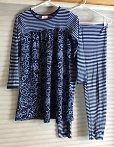 Hanna Andersson 140 US 10 Blue Floral Striped Dress + Leggings Set Outfit long