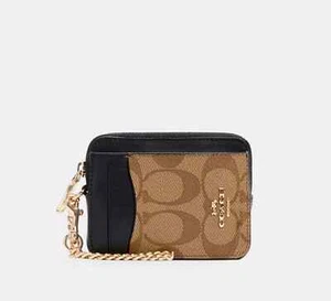 NWT COACH Zip Card ID Case Signature Color-block Canvas C1885 Khaki / Brown NEW - Picture 1 of 2