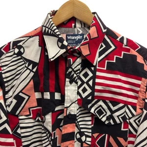 Vtg Wrangler Men's 16/34 Cowboy Cut Aztec X-Long Tail Red Brushpopper Shirt USA - Picture 1 of 6