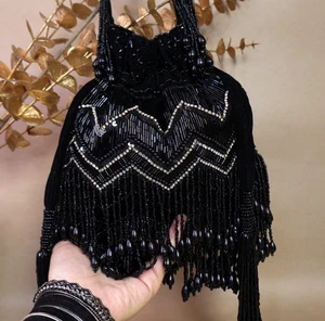Black Potli Bag with Zig-Zag Tassels Black Party Purse Embellished Pouch Bag - Picture 1 of 10